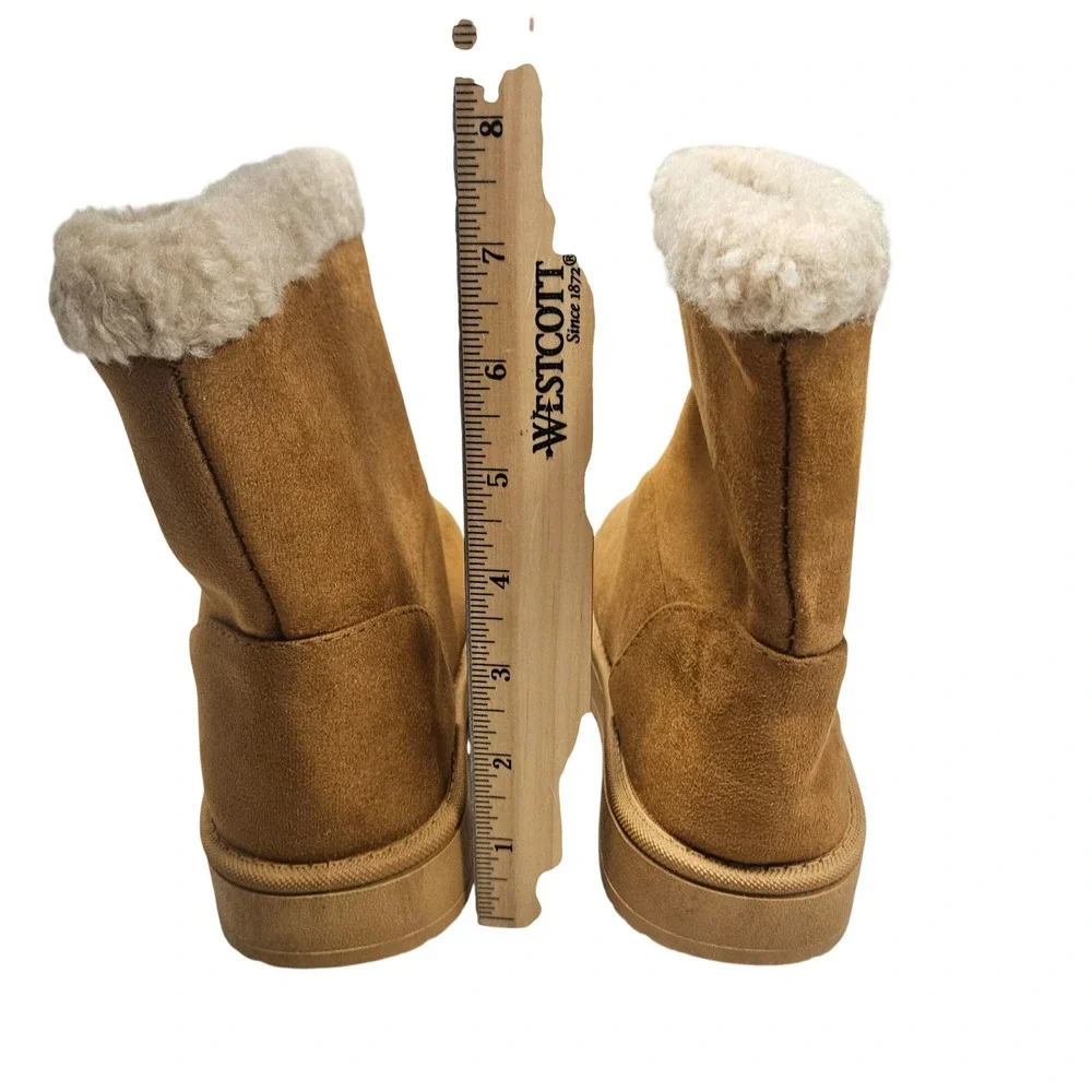 Faux Suede Boots Women Size 36 Tan Faux Fur Lined Winter Mid Calf Cozy